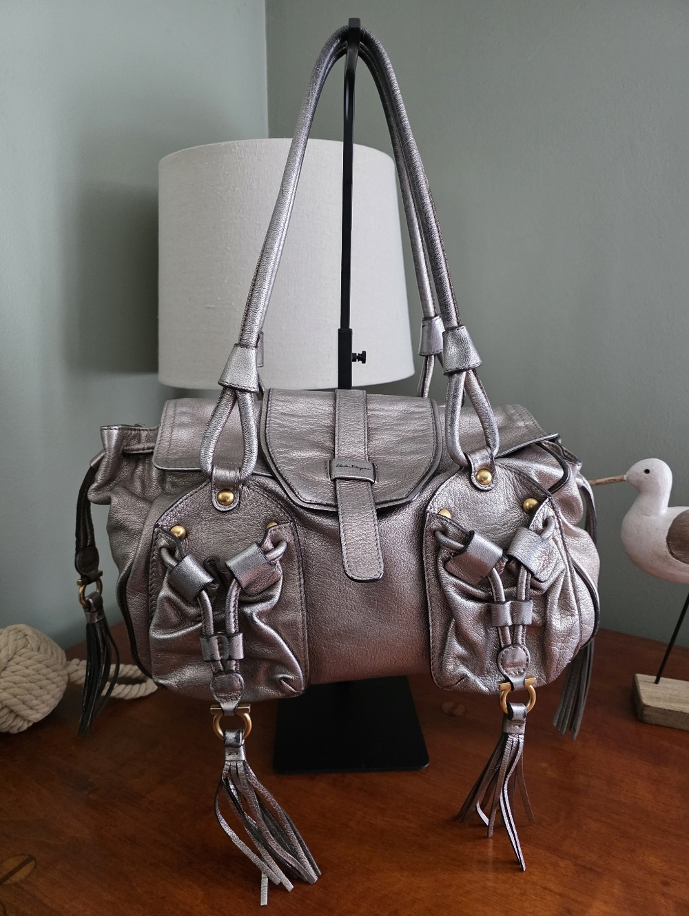Salvatore Ferragamo Vintage Y2K Metallic Silver Leather Tassel Shoulder Bag COA